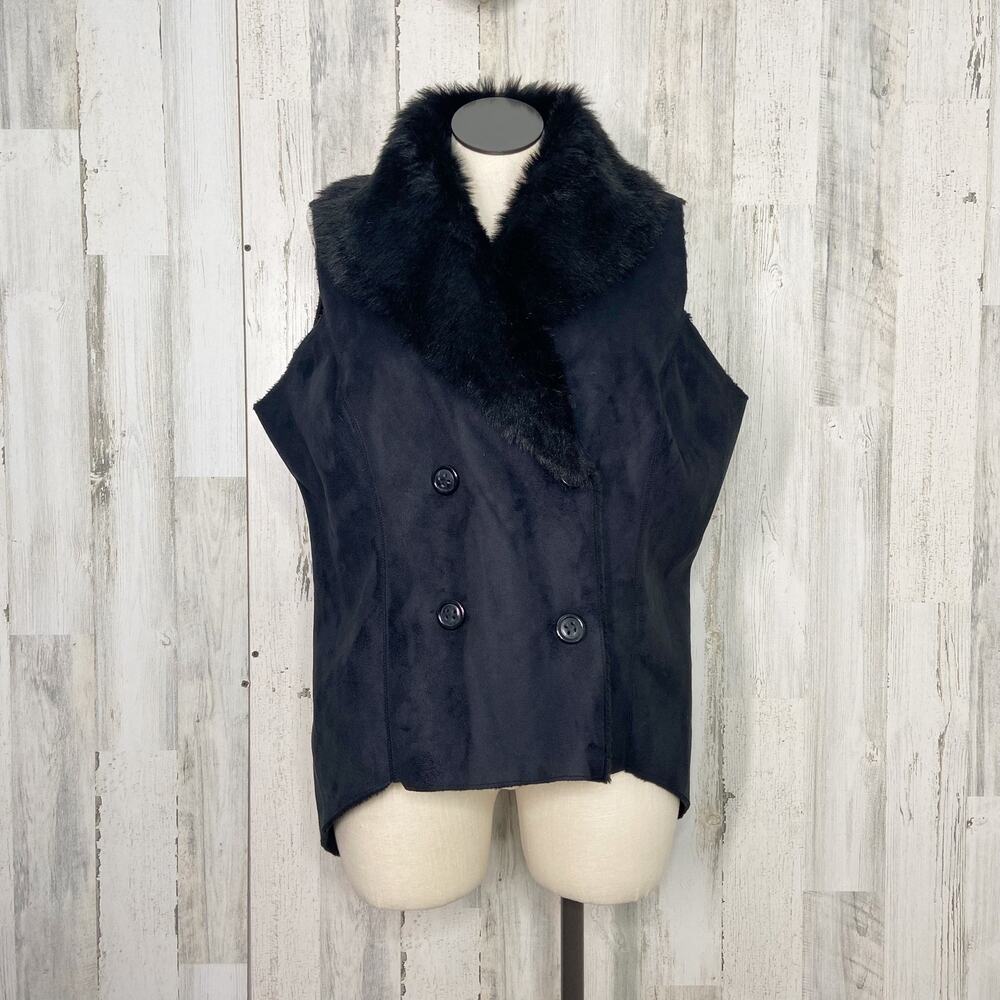 K-DASH by Kardashian Faux Fur Vest Black Double Breasted Neutral Casual Size 1X